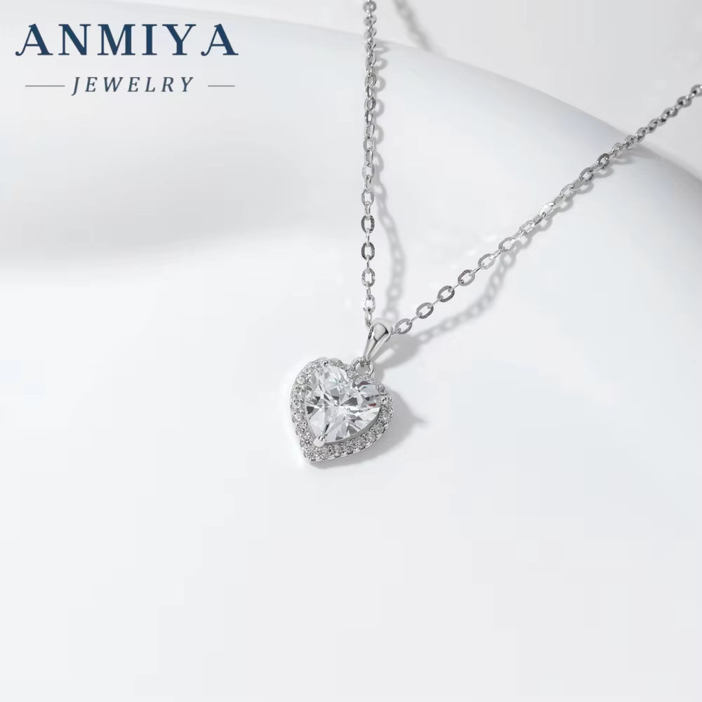ANMIYA Simple 925 Sterling Silver Heart Zircon Pendant Jewelry European and American Women'S Love Necklace