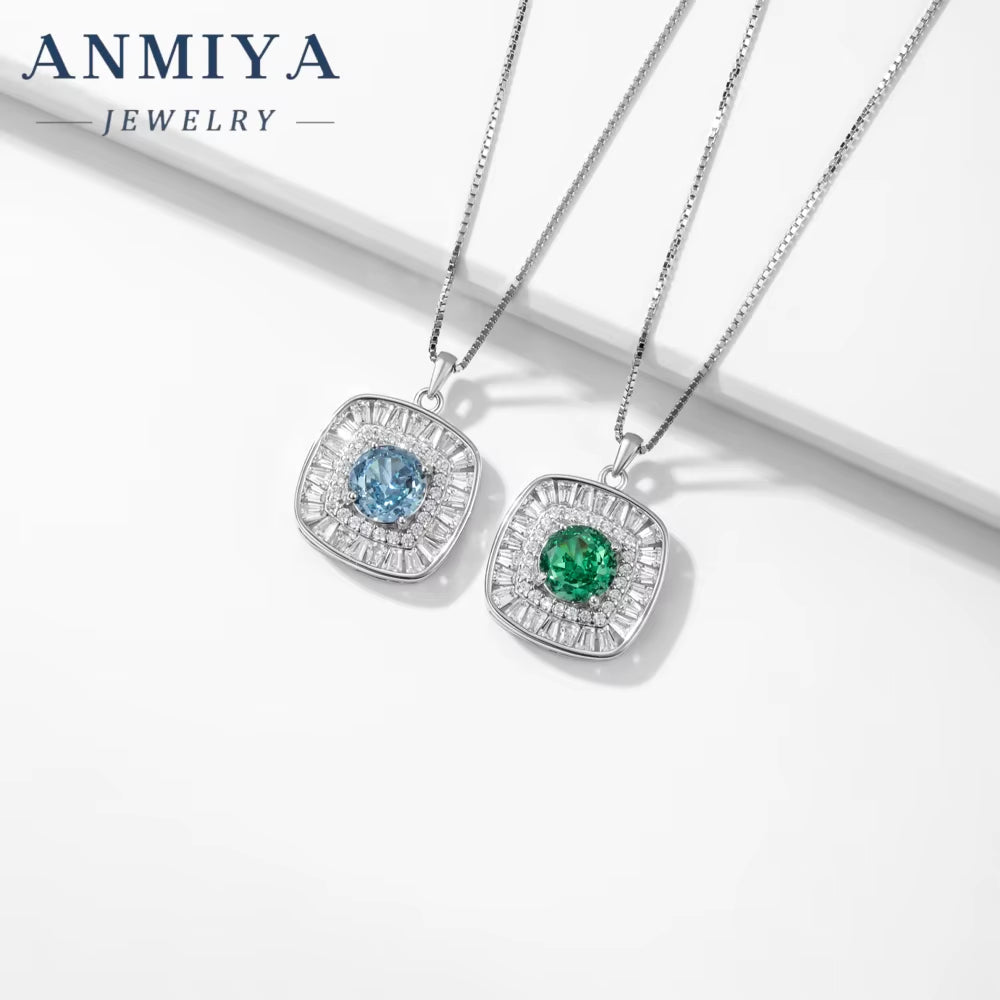 Luxury Women 925 Silver Square Necklaces with Green round Brilliant Cut Women'S Necklace Wholesale Jewelry