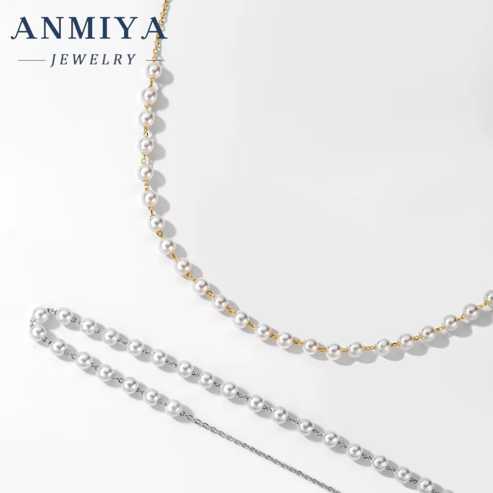 ANMIYA Beat Gift 925 Sterling Sliver Fashion Natural Color Freshwater Pearl Necklace for Women