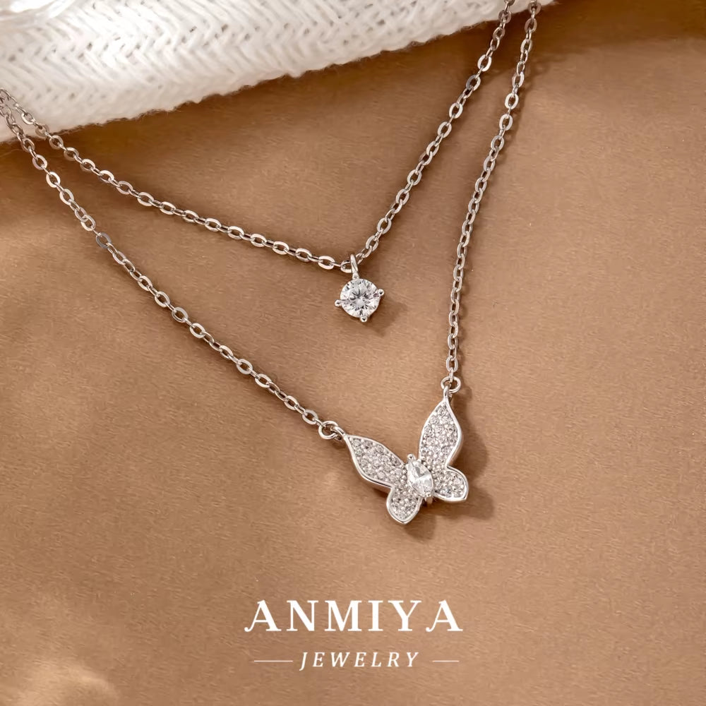 ANMIYA Women'S Double-Layer Diamond Butterfly Necklace with Collarbone Chain Elegant and Minimalist Pendant