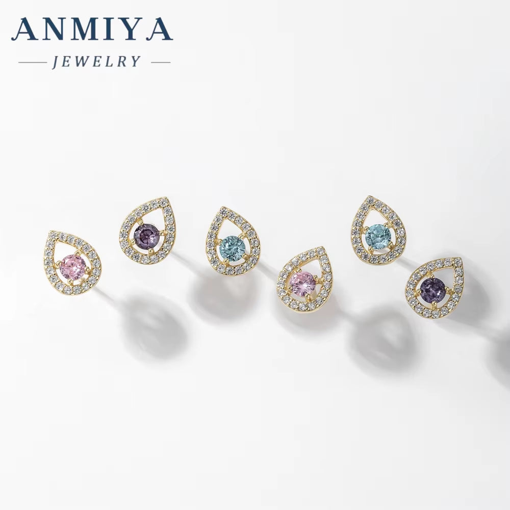 ANMIYA Custom 3Pcs Set S925 Sterling Silver Purple Zircon CZ Stone Geometric Water Drop Heart-Shaped Zircon Stud Earrings Set