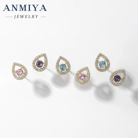 ANMIYA Custom 3Pcs Set S925 Sterling Silver Purple Zircon CZ Stone Geometric Water Drop Heart-Shaped Zircon Stud Earrings Set