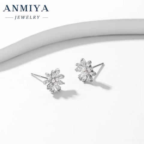 ANMIYA Wholesale Luxury Unique Elegant Small Snowflake Shape 925 Silver Sweet Earrings for Girl