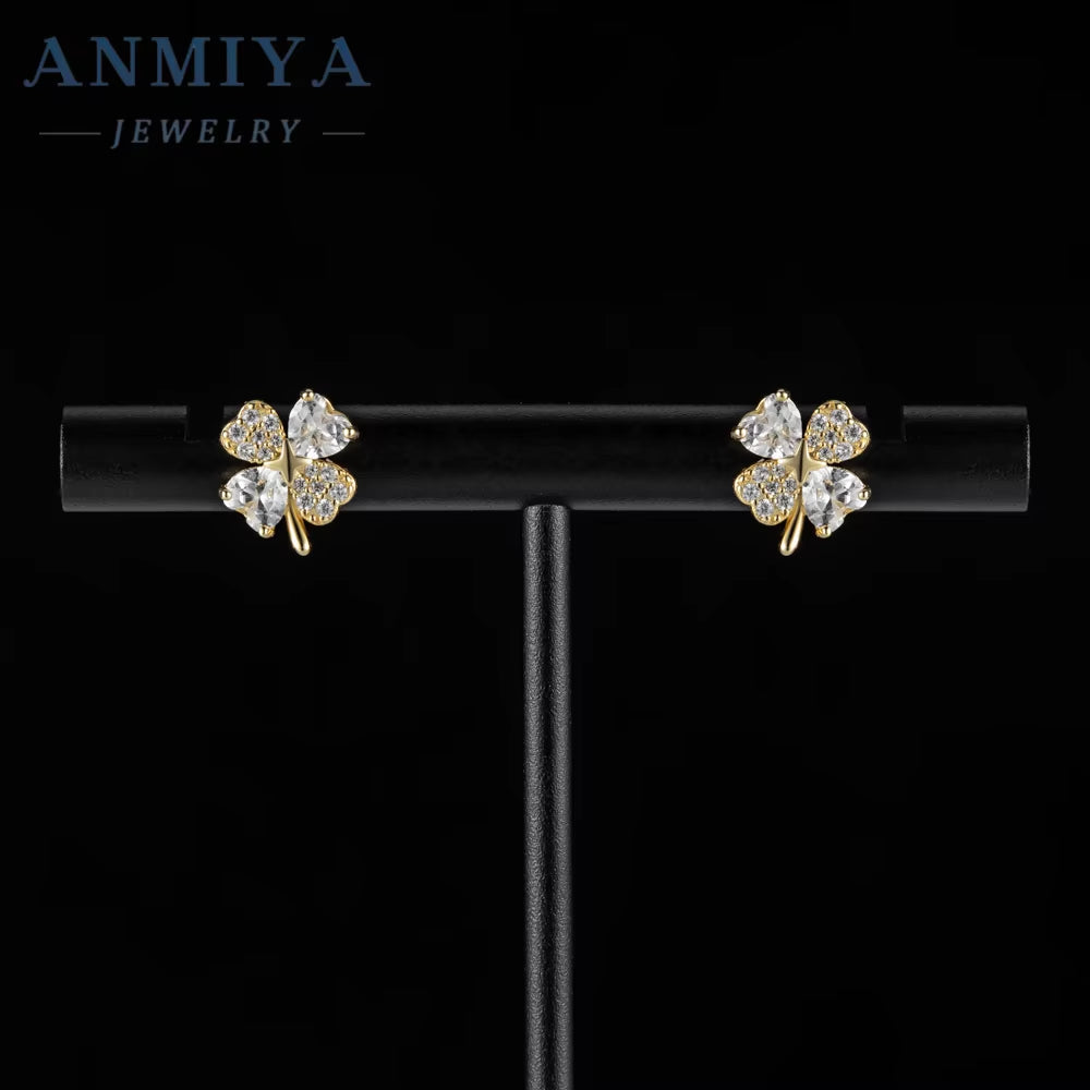 Luxury 925 Sterling Silver Diamond Zircon Flower Stud Earrings 18K Gold Plated Four Leaf Clover Earrings for Women