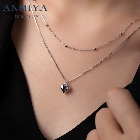 ANMIYA Fashionable Love Pendant Necklace Gold Plated Heart Double Layer Chain Necklace for Women Party Jewelry