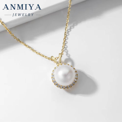 ANMIYA Elegant Fancy Classical 925 Sterling Silver Zircon Single round Pearl Pendant Necklace for Women Girls Jewelry