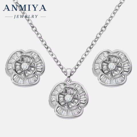 Wholesale Fashion Jewelry 925 Silver Clover Zircon Flower Pendant Necklace and Earrings Jewelry Sets Women