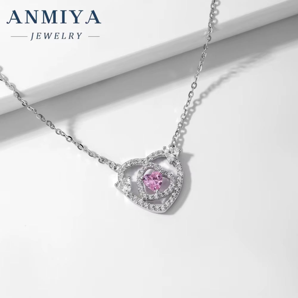 Popular Sterling Silver 925 Fashion Love Heart Jewelry Heart Cut Hollow Pink Stone Zircon Pendant Necklace for Women