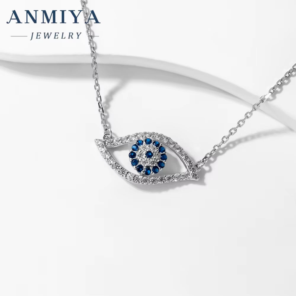 ANMIYA Fashion Blue Color Eye Pendant Necklace Women Simple 925 Sterling Silver Eye Necklace