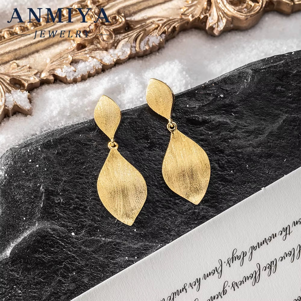 ANMIYA Fashion 925 Sterling Silver Leaves Stud Earrings 14K Bright anti Allergy Waterproof Texture High Quality Jewelry