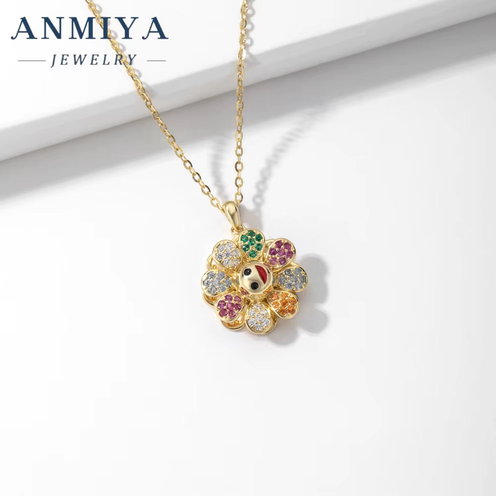 Takashi Murakami Diamond-Encrusted Sun Flower Pendant 925 Silver Necklace Trendy Men'S Hip Hop Glitter Pink Rotatable Collars