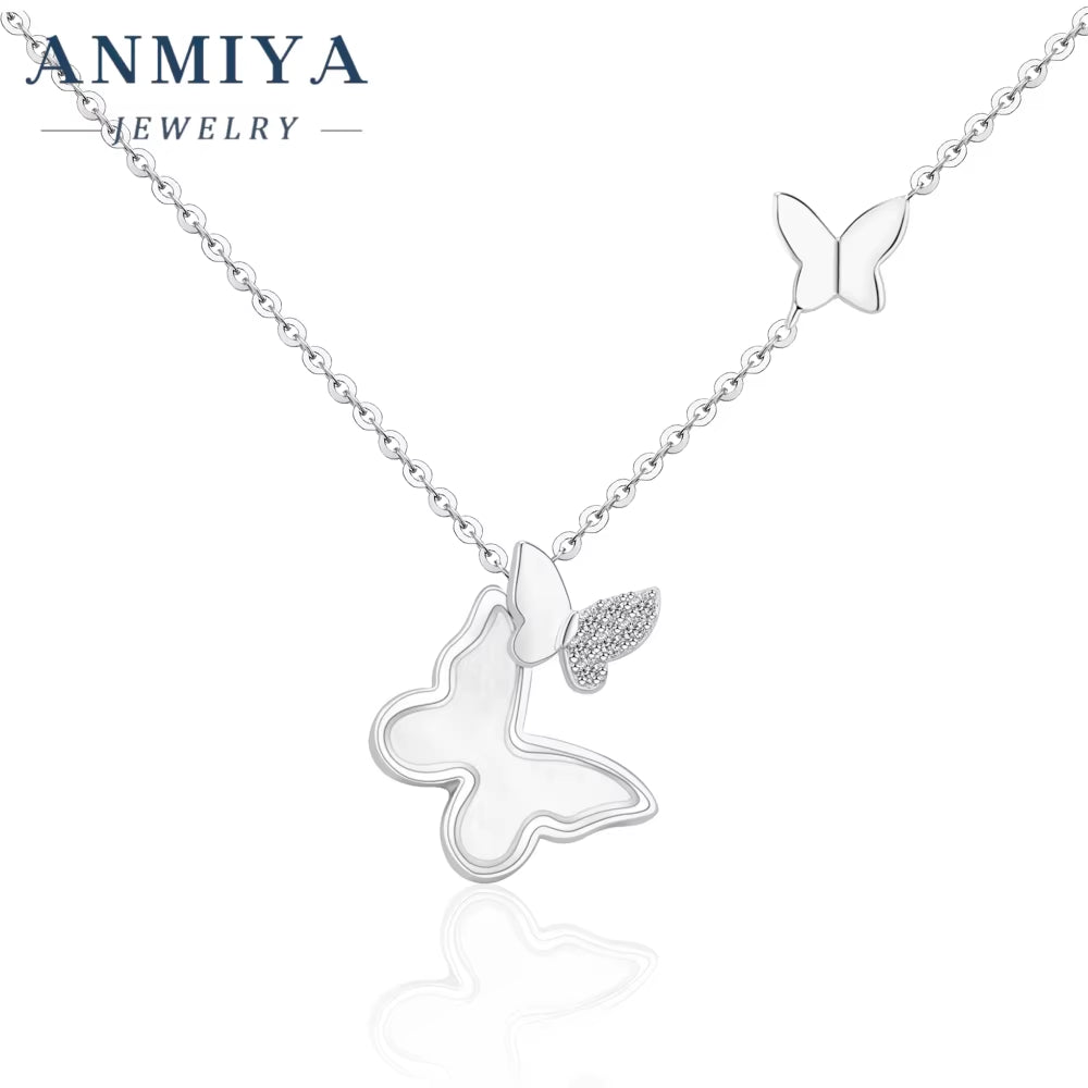Fashionable Women Cute Butterfly Shape Zircon Main Stone Rhodium Plated Link Chain Jewelry 925 Sterling Silver Pendant Necklaces