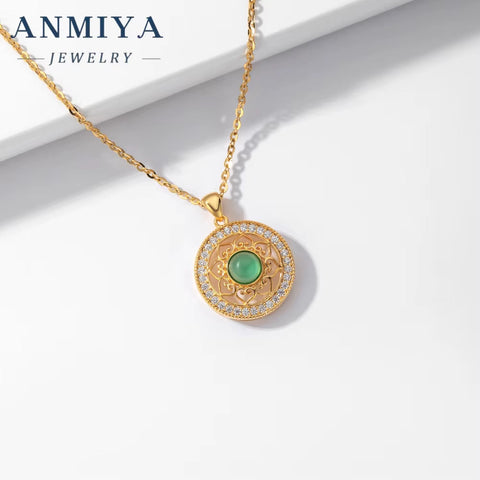 ANMIYA Hollow Flower Pattern Green Chalcedony round Shape 925 Silver 18K Gold Plated Necklace for Women