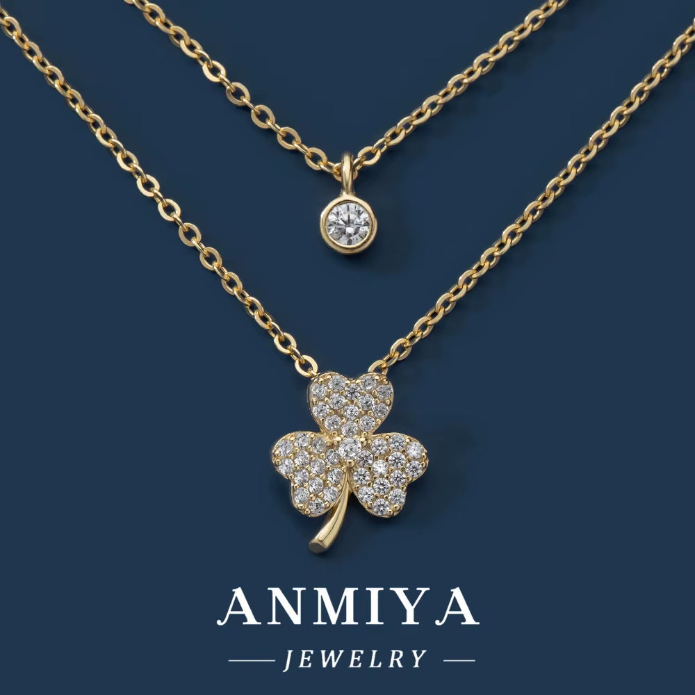 Double Layer Clover Set Chain Gold Glitter Diamond Zircon Collarbone Chain Temperament Necklace Women'S Japanese and Korean