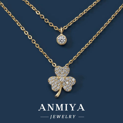 Double Layer Clover Set Chain Gold Glitter Diamond Zircon Collarbone Chain Temperament Necklace Women'S Japanese and Korean