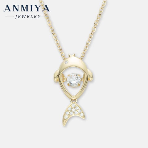 ANMIYA Custom Fine Jewelry Fish Pendant Zircon Necklaces 18K Gold Plated Unique 925 Silver Ladies Necklaces