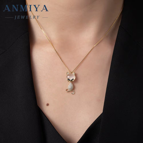 ANMIYA Factory Price High Quality Female 18K Gold Plated Pendant Cat Shape Necklaces Chain for Girs