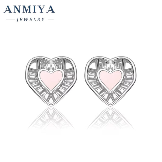 INS Hot Sales Fine Jewelry 925 Silver Pink Heart Shape Stud Earrings for Girl Gift Lover Best Gift