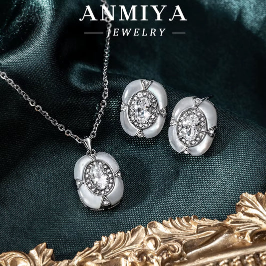 Minimalist Circle Design Silver Plated Silver 925 Jewelry Set with Jade Accents and Geometric Zircon Inlay for Gifts