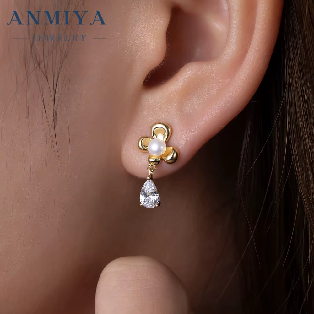 Elegant New Trendy Women'S 925 Sterling Silver Jewelry Set Zircon Gold Flower Earrings and Pearl Necklace