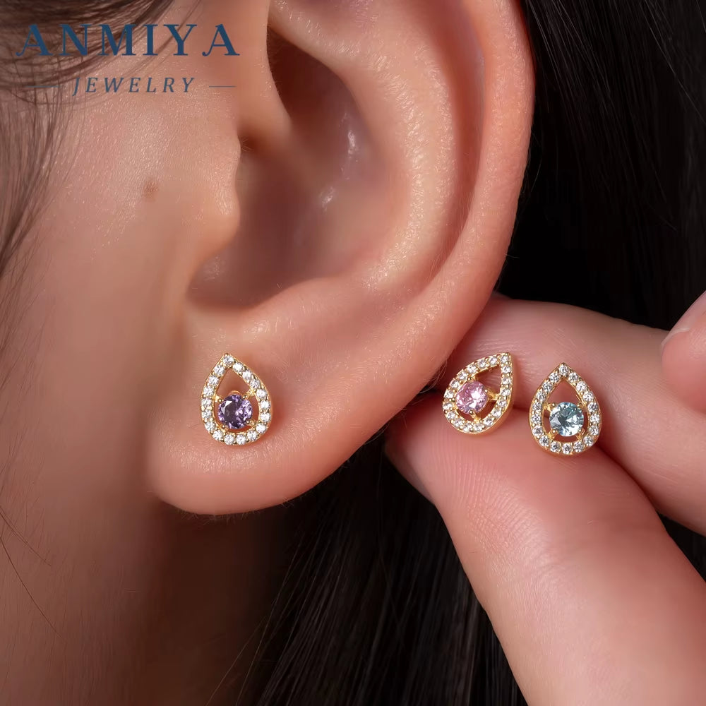 ANMIYA Custom 3Pcs Set S925 Sterling Silver Purple Zircon CZ Stone Geometric Water Drop Heart-Shaped Zircon Stud Earrings Set