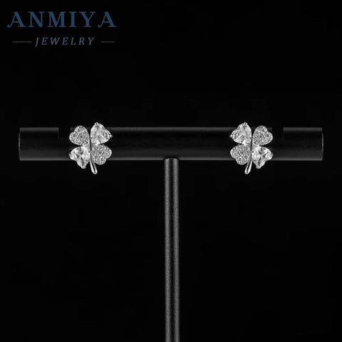 ANMIYA High Quality Summer 925 Silver Floral Rhinestone Diamond Clover Hypoallergenic Earrings