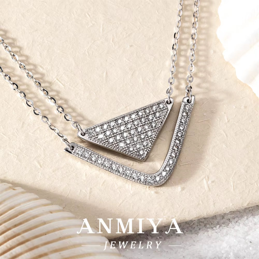 ANMIYA 925 Silver Certificate Bridal Layered Necklace Inoxidable Stereoscopic Fully-Jewelled Zircon Geometric Cute Gifts