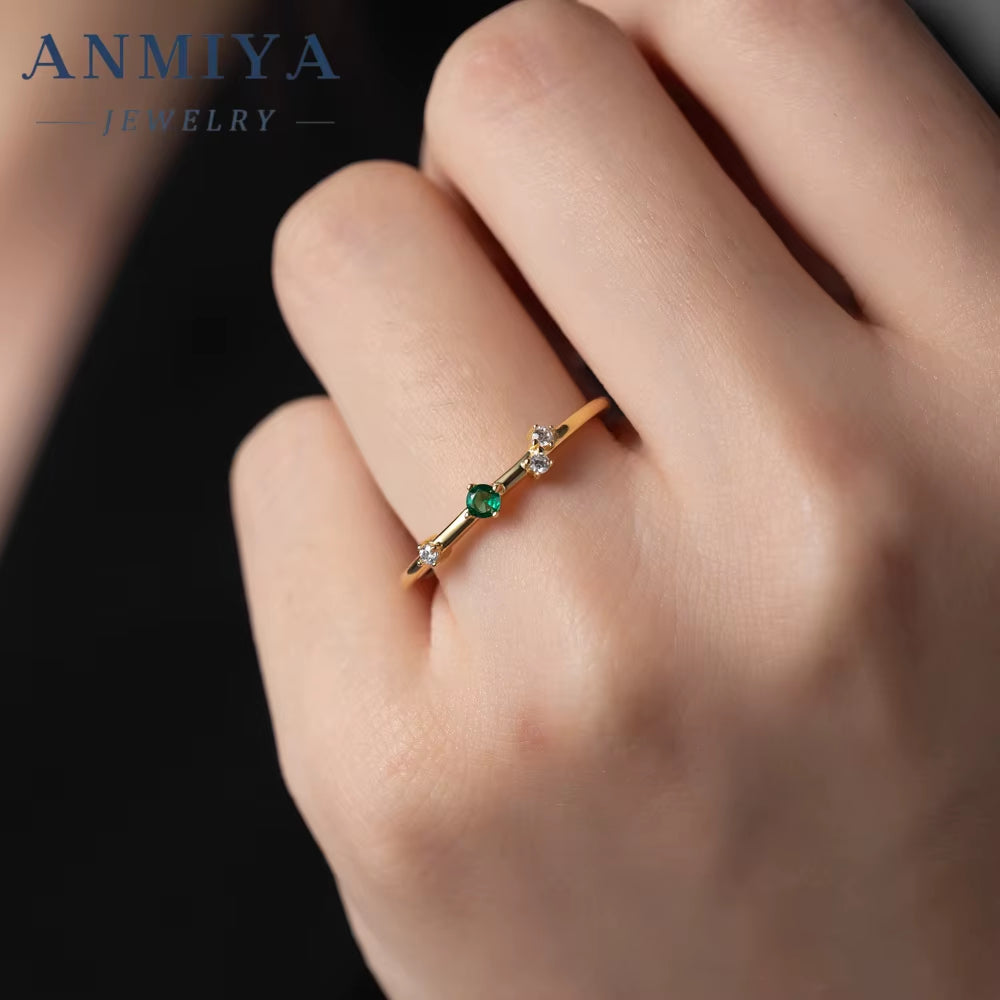 ANMIYA Waterproof Fashion 925 Sterling Silver Bling Green Cubic Zirconia Ring 18K Gold Plated Charm Jewelry