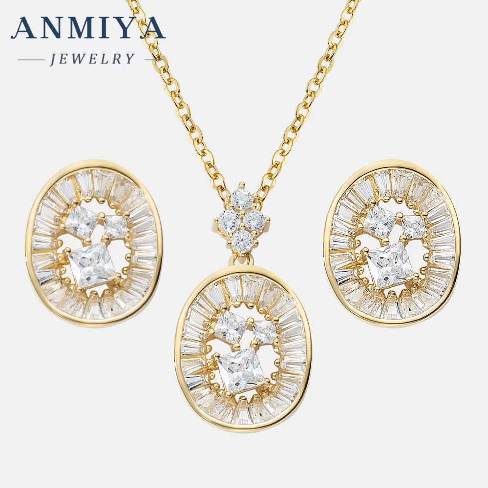 ANMIYA 18K Gold Plated round Shape Hollow Out Zircon 925 Silver Fashion Earrings Necklace Set Jewelry for Ladies
