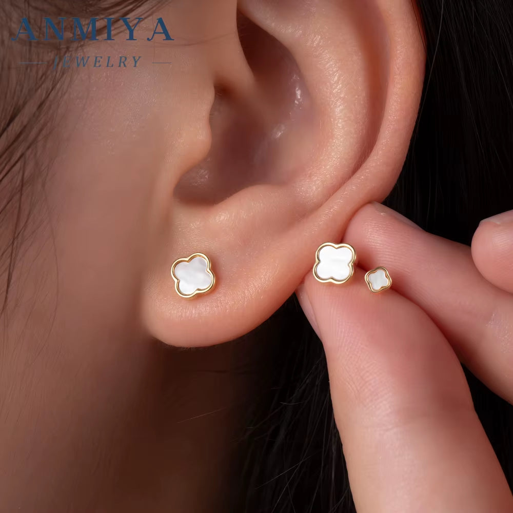 Four Leaf 925 Silver Needle Clover Earrings 3Pairs Jewelry Earrings Set White Shell Clover Stud Earrings for Women or Girls