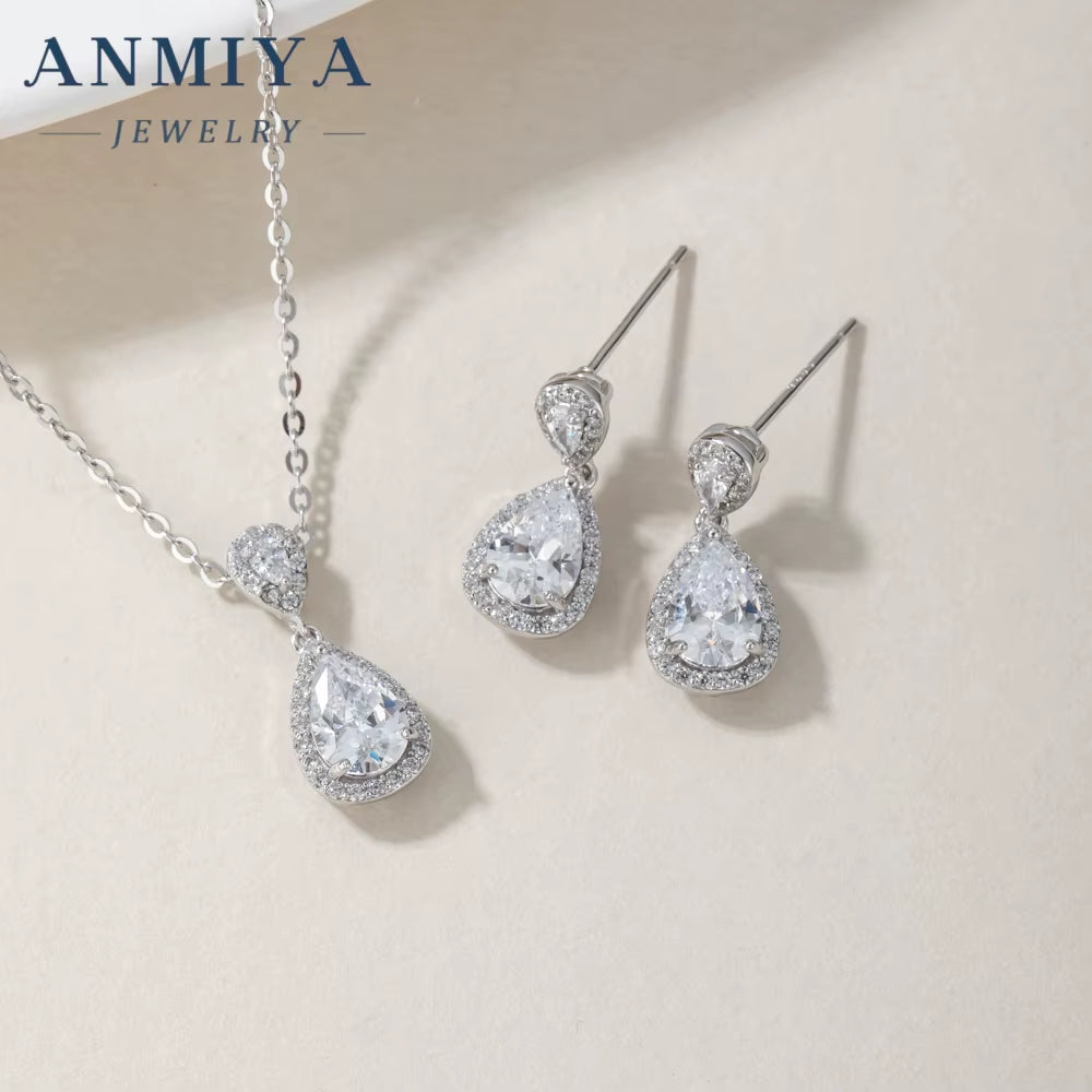 Latest Design Water Drop Shaper Cz Stone Zircon 925 Silver Engagement Earrings Set for Couple Women Hypoallergenic