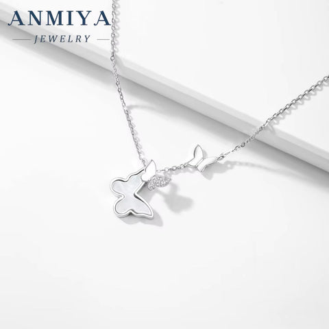 ANMIYA Sweet Fine Jewelry Friendship Jewelry 925 Silver Zircon Women Butterfly Set Pendant Necklace