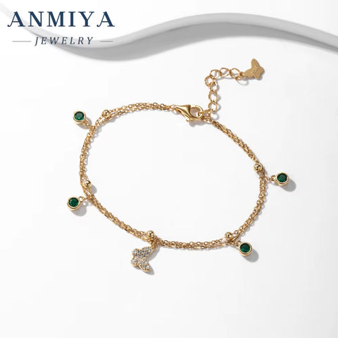 ANMIYA 925 Sterling Silver Chain Bracelet 18K Gold Butterfly Zircon Charm Bracelet for Women