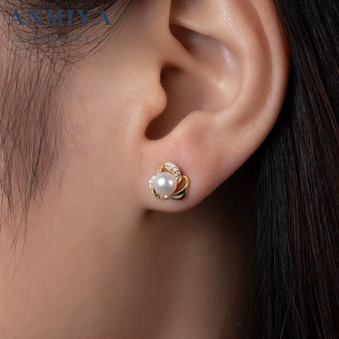 ANMIYA 925 Silver Earrings Jewelry Sets Pearl 18K Gold Plated Shell Pearl Earrings Necklace Jewelry Set