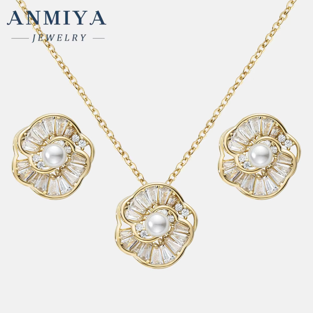 ANMIYA Customilzed 18K Gold Plated Flower Shape Fresh Water Pearls Earrings Necklace Jewelry Set for Girl