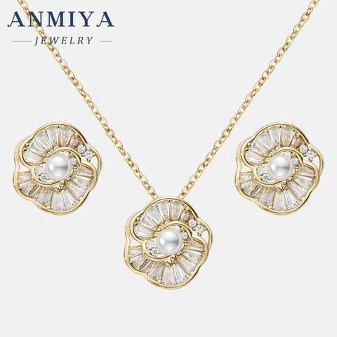 ANMIYA Customilzed 18K Gold Plated Flower Shape Fresh Water Pearls Earrings Necklace Jewelry Set for Girl