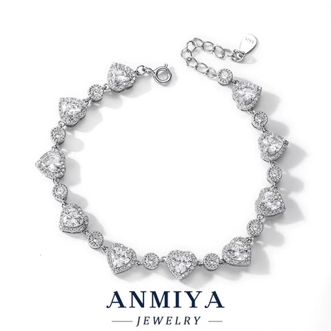 Wholesale Custom Girls Tennis Hand Chain Bracelet 925 Sterling Silver with Heart Shape Zircon Bracelet for Women