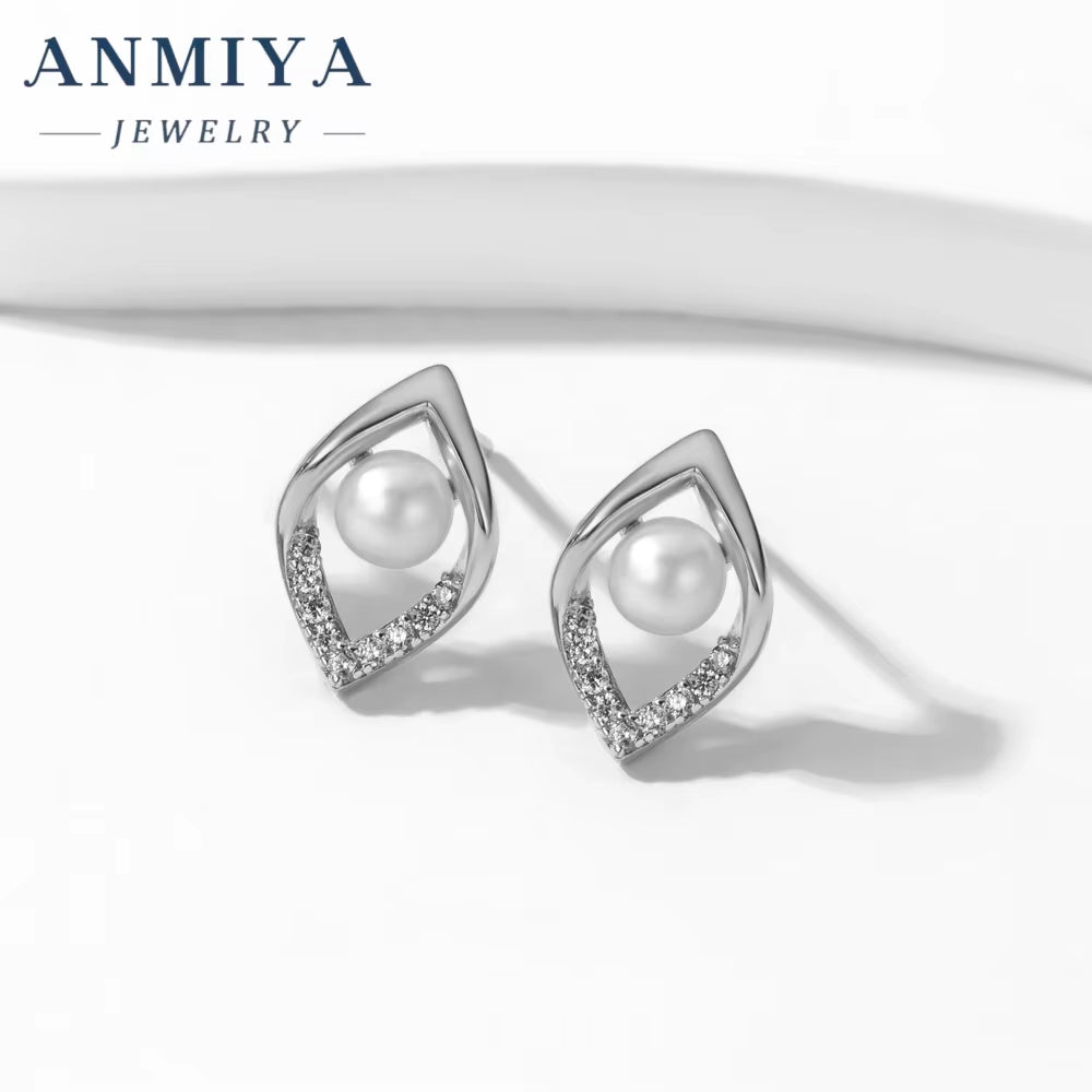 ANMIYA S925 Geometry Lake Fresh Water Pearl Earrings Glamorous White Earings Jewelry Women