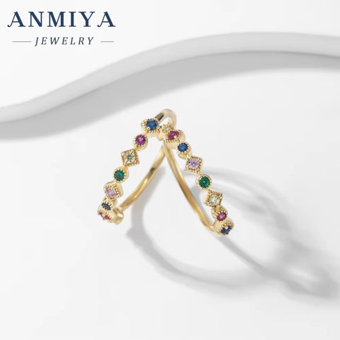ANMIYA 925 Silver 18K Gold Plated Jewelry Micro Pave Cz Rainbow Zircon Wholesale Rings
