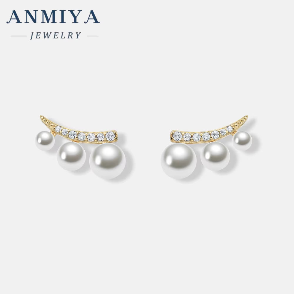 Classic 18K Gold Plated Zircon Stud Earrings Natural White Freshwater Pearls Earrings for Women Silvers Jewelry with Pearl Ear