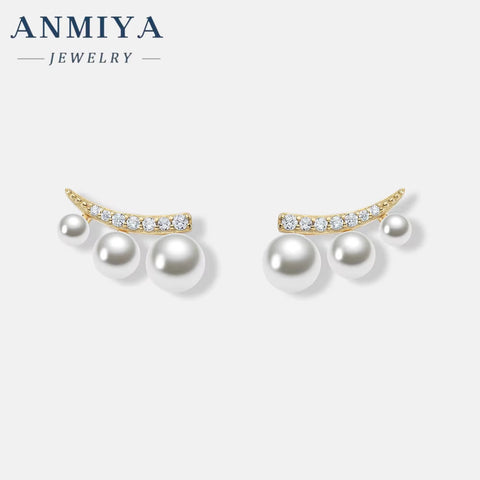 Classic 18K Gold Plated Zircon Stud Earrings Natural White Freshwater Pearls Earrings for Women Silvers Jewelry with Pearl Ear