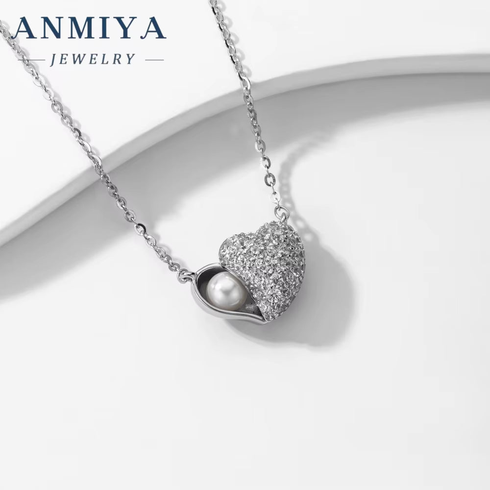 ANMIYA 925 Silver Cubic Zirconia Heart Fresh Water Pearl Shine Diamond Glaring Necklace for Women Fashion