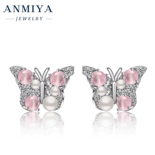 ANMIYA Wholesale Sterling Silver 925 Rhinestone Butterfly Shape Pearl Stud Earrings