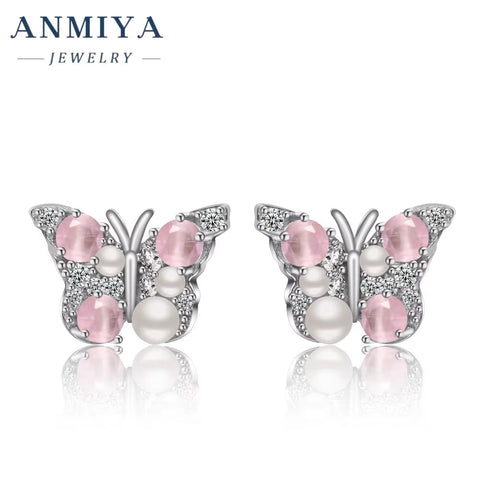 ANMIYA Wholesale Sterling Silver 925 Rhinestone Butterfly Shape Pearl Stud Earrings