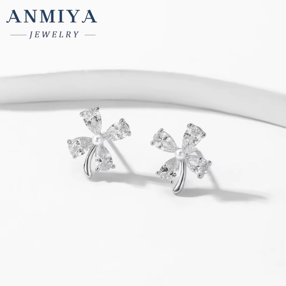 ANMIYA Four Clover Flower Fine Jewelry Fashion 925 Sterling Silver Zircon Stud Earrings for Women Girl