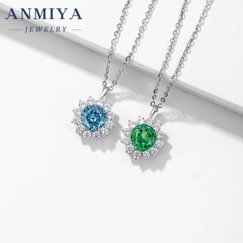 High Quality Silver 925 Fine Women Jewelry Cubic Zirconia round Brilliant Cut Sun Shape Emerald Pendant Necklace for Female