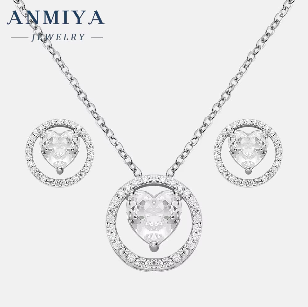 925 Sterling Silver Elegant Zircon Heart Circle Pendant Necklace Stud Earrings Necklaces Fashion Jewelry Women Sets for Girls