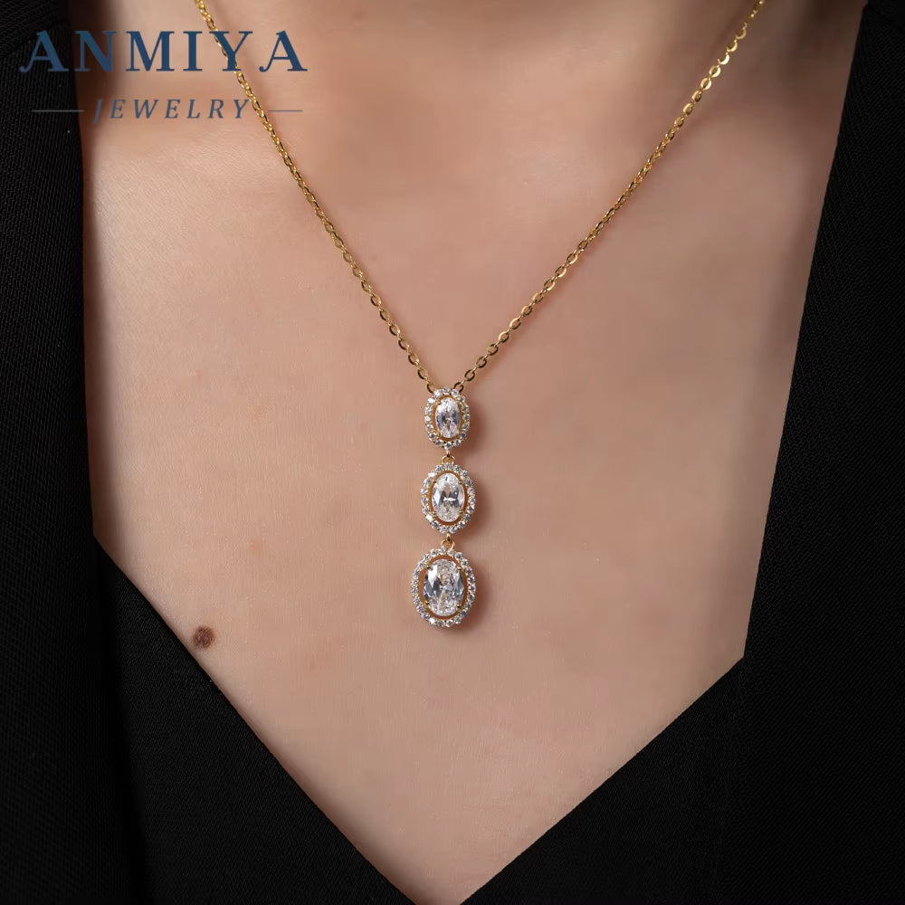 ANMIYA Fashion Jewlery Fine 925 Silver Long Oval Zircon Stone Diamond Necklace and Earrings Set for Women Ladies