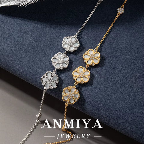 ANMIYA Delicate Flower Charm Bracelet 925 Sterling Silver Fashion CZ 18K Gold Bracelet for Women Party Fine Jewelry