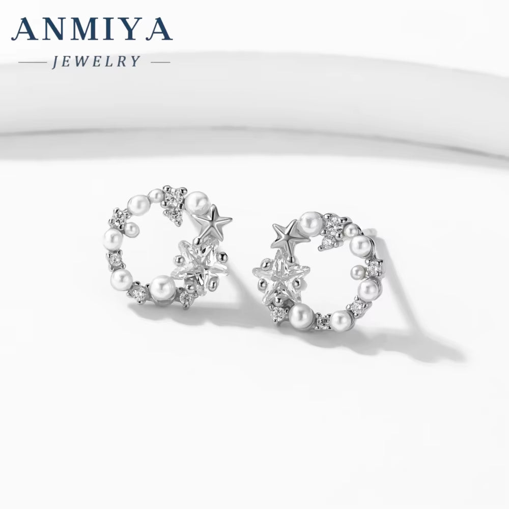 ANMIYA Unique Elegant Garland Star and Pearl Ins Fashion Jewelry Stud Earrings S925 for Bridal